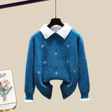 Knitted Two Piece Set Womens Outfits Korean Casual Turn Down Collar Long Sleeve Embroidery Knitted Sweater+skirts