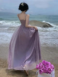 Spaghetti Strap Purple Long Dresses for Women 2023 Summer Sexy Tulle Pleats Fairy Evening Party Backless Female
