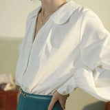 4Xl Sweet Chiffon Shirts Women Korean Turn Down Collar Lantern Long Sleeve White Blouses Vintage Elegant Solid Loose