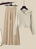 Winter Thick Knit Two Piece Sets Women Outfits Ladies Elegant Twist Knitted Sweater And Wide Leg Pant Sets Women