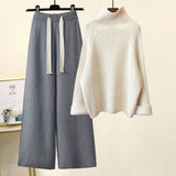 Women Sweater Suit Autumn Winter Turtleneck Knitting Sweater and Wide Leg Pants Sets Elegant Loose Jumpers Oversized