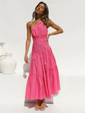 Red Boho Asymmetrical Solid Color Sexy One Shoulder Straped Bodycon Midi Dress Women Casual Summer Party Slip Dresses