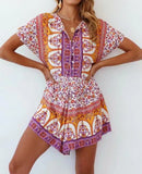 Queens Women Boho Bodysuits Floarl Sleeveless Pockets Loose Rompers Bohemian Linen Cotton Sashes Romper