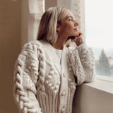Fashion Winter Cardigan Women V Neck Bejewelled Button Twist Geometry Knitted Long Sleeve Outwear Jacquard Hairball