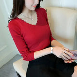Autumn Long Sleeve Sweater Women Winter Spring Pullover Solid Black White Knitted Sweater Top Wave Cut V-neck Basic