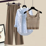 Women Pants Sets Summer Casual Striped Knitted Vest+long Sleeve Sunscreen+wide Leg Long Pant 3 Pieces Set Women Outfits