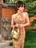Women Vintage Print Chinese Style Cheongsam Dress Ladies Elegant Summer Sleeveless Split Sexy Slim Midi