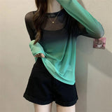 Sexy Hollow Out Backless T Shirts Women Gradient Ice Silk Loose Sunscreen Shirts Summer Gothic See Through Blouses
