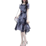 waist slimming retro bohemian dress summer plus size fashion printing ink style mid-length short-sleeved A-line