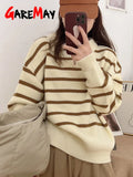 Winter Women's Sweater 2023 Trend Warm Knitted Striped Sweater V Neck Jumper with Collar Oversize Polo Sweater for