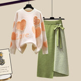 Lazy Sweater Two Piece set Women Sweet Heart-shaped beaded Pullover Jumper Top + Irregular Striped Skirt Knit 2PCS