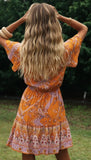 Queens Elegant Women Floral Print Short Sleeve Deep Bow Neck Ruffles Beach Bohemian Dresses Rayon Mini Dress
