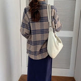 Plaid Shirt Women Vintage Harajuku Brown Top Oversize Long Sleeve Outerwear Button Up Blouse Basic Spring Jackets