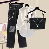 Women Streetwear Harajuku Y2k Outfits 3 PCS Sets Chain Vest+long Sleeve Sunscreen+wide Leg Hollow Out Denim Pant