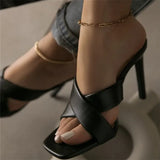 summer new style square head cross strap stiletto heels women's solid color sandals and slippers 43 large