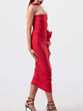 Elegant Women 3D Flower Patchwork Long Dress Sleeveless Ruffles Ruched Slim Fit Bodycon Dress Party Cocktail