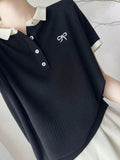 Collared Thorned Bow Embroidered Short-Sleeved T-Shirt Girl's Small Fragrant Wind Age Relaxed Temperament Ice Silk Knitted Shirt