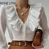 Women Chic Solid Long Sleeves Ruffle Hem Deep V Neck Button White Working Blouse