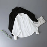 Basic White Elegant Blouses Women Office Ladies Shirt Lantern Sleeves Spring Autumn 2021 Fashion Button Up Shirts