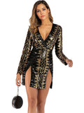 Black Gold Sequins party Dress women Long sleeve Split club Mini summer Dresses bodycon robe femme vintage dress