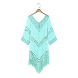 Queens Women Solid Half Sleeve Beach Tassel Loose Bohemian Mini Dress Ladies V-neck Boho Sundress