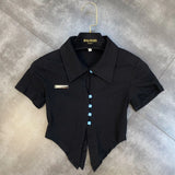 2022 Summer New Design Short Sleeve Turn Down Collar Bust Hollow Out Single Breasted Buttons Knitted T Shirt Women