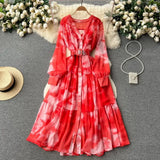 Women French Fashion Single Breasted V Neck Long Dress With Belt Summer Autumn Elegant Print A-line Robe Female Holiday