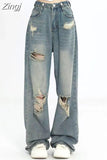 Vintage Hole Y2k High Waist Jeans Wide Leg Denim Loose Straight Hip Hop Street Pants Summer Women Zipper Fly