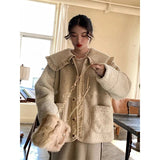 Sweet Lamb Wool Coat Women Kawaii Peter Pan Collar Plush Jackets Korean Cute Thick Ruffled Patchwork Chic Outwear Tops