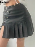 Spring Summer Sexy Retro White Black Pu Leather Mini Pleated Skirt Women Zipper Rivet Side Slit Short Designer