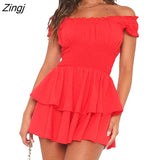 Women's Summer Short A-line Dress Short Sleeve Off Shoulder Swiss Dot Layered Ruffle Dress