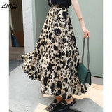 2023 Summer Korean Fashion Chiffon Leopard Print Midi Long Skirt Women High Waist A Line Skirt
