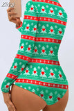 Women Christmas Print Bodycon Rompers Jumpsuits Sexy Buttons Deep V Neck Long Sleeve Shorts Pajama Bodysuit