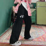 Harajuku Drawstring Print Trousers Women Oversized High Waist Embroidery Wide Leg Pants Streetwear Fashion Sweatpants