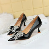 Zingj Korean Version Of Fashion Delicate Women's Shoes Wine Glass With High Heel Shallow Pointed Water Diamond Bow Banquet Single