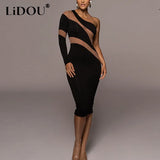 Winter Diagonal Collar Sexy Personality Mesh Patchwork Perspective Dress Women Y2K Slim Fashion Vestido Midi Robe