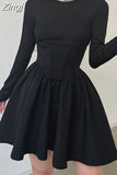 Korean Clothes Long Sleeve Corset Black Dress Female Solid Basic O Neck Fashion Autumn Dress Pleated Slim Elegant
