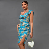 Party Dress 2022 New Women's Blue Bodycon Dress Elegant Sexy Ruffle Evening Club Dress High Quality Summer