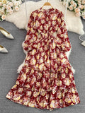 Women Pritned Long Dress Vintage Stand Collar Single Breasted Puff Sleeve High Waist A-Line Elegant Big Swing Maxi