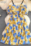 Vintage Slash Neck Off Shoulder Printed Dress Elegant Puff Short Sleeve High Waist A-Line Spaghetti Strap Vestidos