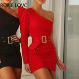 Women One Shoulder Puffed Sleeve Plain Bodycon Dress Elegant Fashion Party