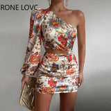 Women Chic One Shoulder Long Puff Sleeves Crop Top Floral Print Party Bodycon Mini Skirt