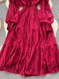 Autumn Women Lace Midi Dress Vintage Round Neck Lantern Long Sleeve High Waist A-Line Elegant Party Robe New Fashion