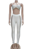 Sexy White Crystal Leggings Set Women Halter Crop Top And Mesh Patchwork Long Pant Clubwear Skinny