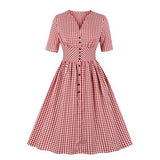 Plaid Vintage Party Dress V-Neck Short Sleeve Summer 50s Rockabilly Dresses Button Front Pinup Shirt Robe De