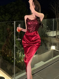 Summer Sexy Sequin Wedding Party Slim Dress Women Elegant Burgundy Bodycon Sleeveless Satin Vestidos Birthday