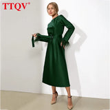 Elegant Feathers Full Sleeve Green Dresses For Women 2022 Autumn O-neck Lace-up Midi Dress Fashion Solid Satin Loose