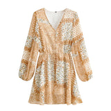 Queens Women Chiffon Floral Print Front Button Lining Beach Bohemian Mini Dress Long Sleeve Drawstring Boho