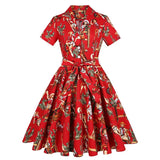 Cotton Retro Vintage Women Dress 50s 60s Short Sleeve Red Floral Print Rockabilly Jurken Large Swing Vestidos Robe