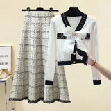 Fall Winter Knitwear Two Piece Sets For Women Outfits French Vintage Fragrance Bow Bandage Knitted Sweater+Plaid Skirt